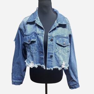 Mebon By Machine Jeans Denim Jacket Medium Blue Distressed Cropped Bolero Y2k